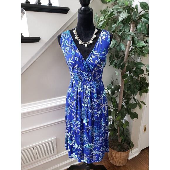 St John's Bay Women Blue Floral Rayon V-Neck Sleeveless Knee Length Dress Size L - Picture 1 of 11